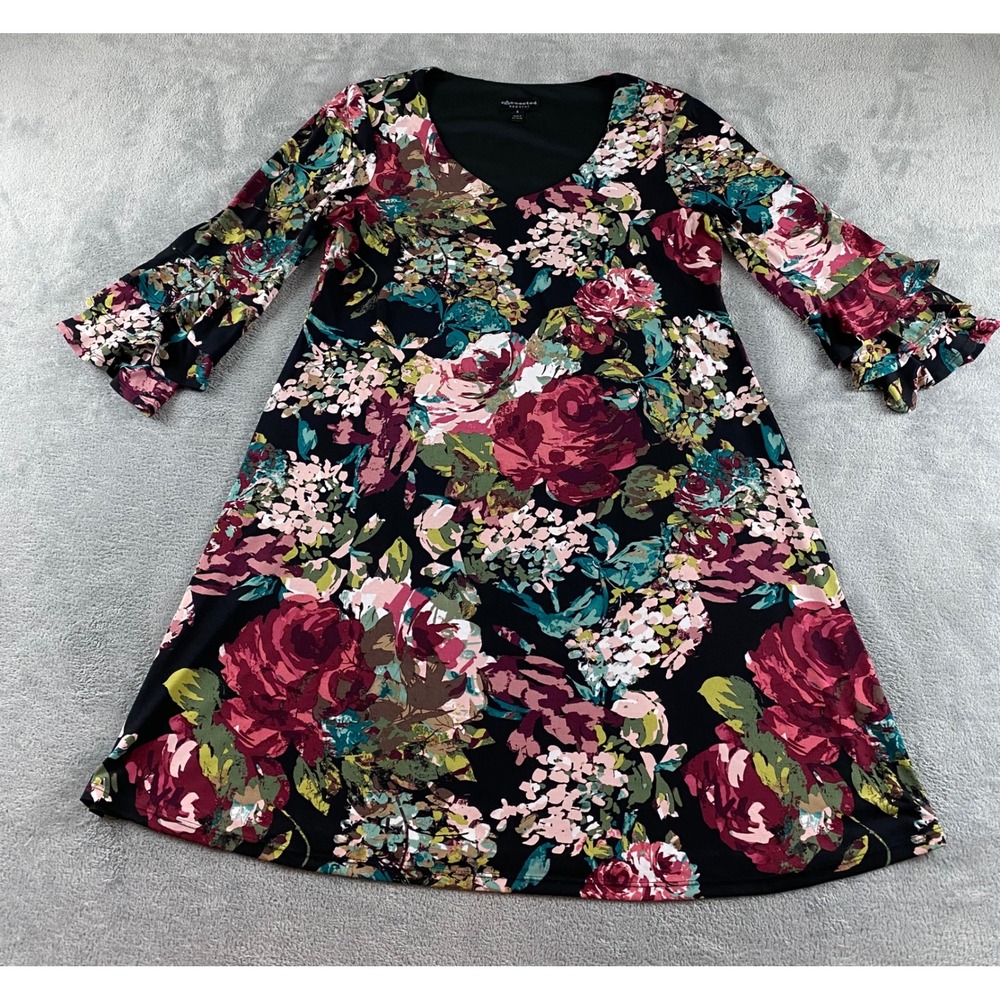 Connected Apparel Floral V-Neck Shift Dress Black Burgundy Ruffle Sleeve Size 8